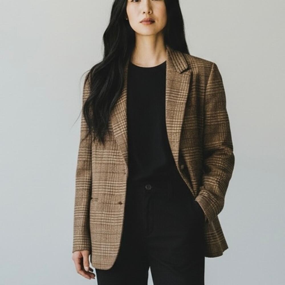 Amour Vert "Pipa" Wool Plaid Blazer EarthTone-Large-NWOT